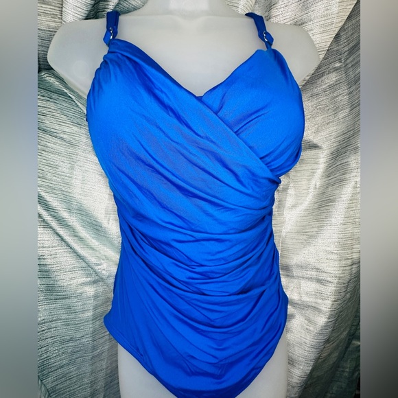 Jantzen Blue Classic Surplice Draped V-Neck One Piece Tummy Control Swimsuit ~14 - Picture 12 of 12